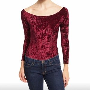 LBB Crushed Velvet Burgundy Wine 1pc Boatneck Long Sleeve Bodysuit Sz XS NWT‎